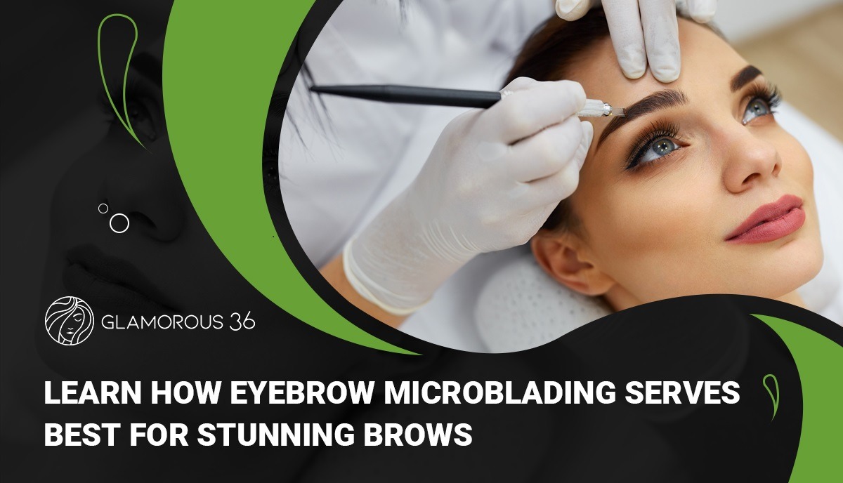 In this photo, a beautiful girl with gray eyes is getting a microblading treatment in a black and green template.